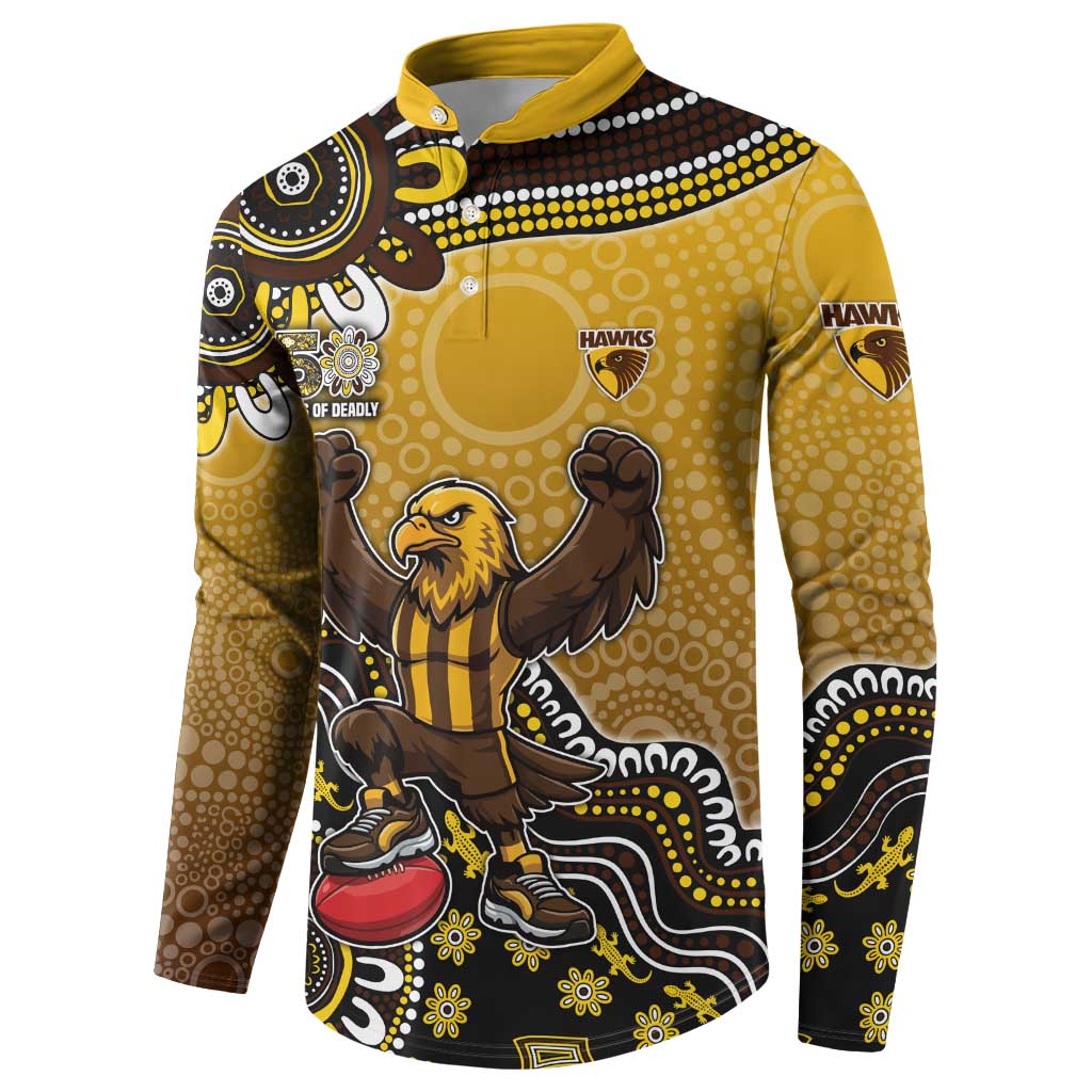 Personalized Hawks Football Mascot Button Sweatshirt Aboriginal Dot Art Style Vibrant Indigenous Pattern Design