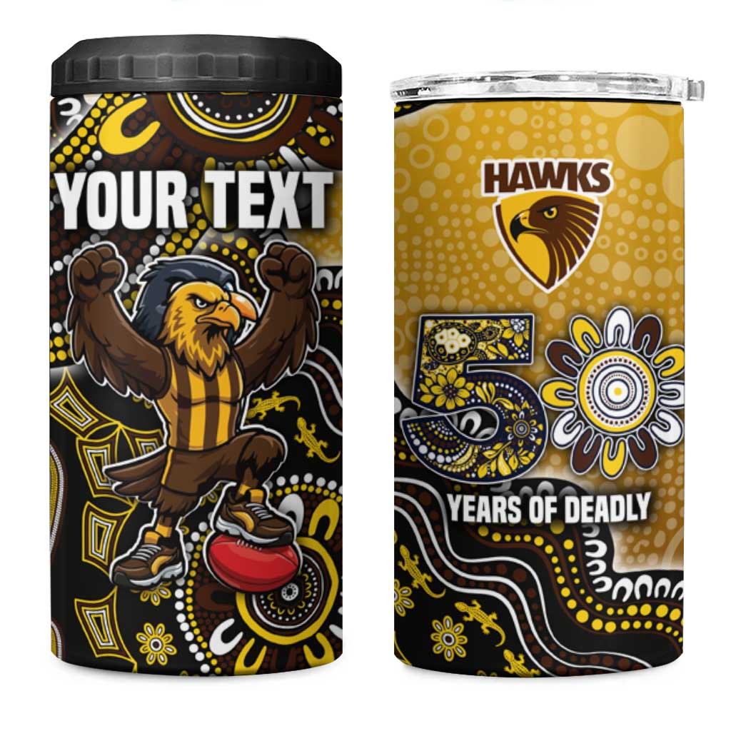 Personalized Hawks Football Mascot 4 in 1 Can Cooler Tumbler Aboriginal Dot Art Style Vibrant Indigenous Pattern Design