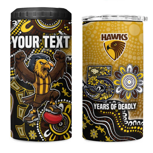 Personalized Hawks Football Mascot 4 in 1 Can Cooler Tumbler Aboriginal Dot Art Style Vibrant Indigenous Pattern Design