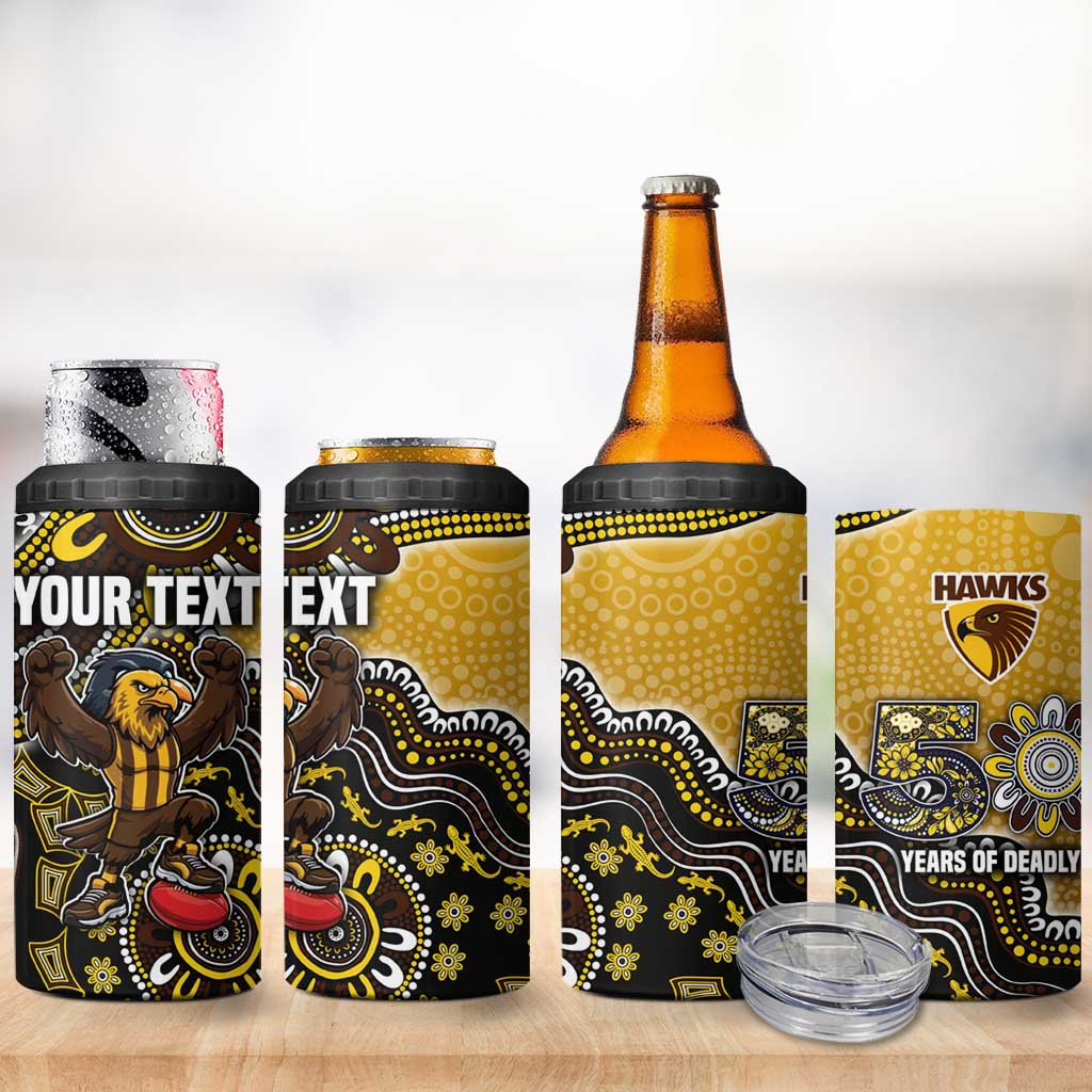 Personalized Hawks Football Mascot 4 in 1 Can Cooler Tumbler Aboriginal Dot Art Style Vibrant Indigenous Pattern Design