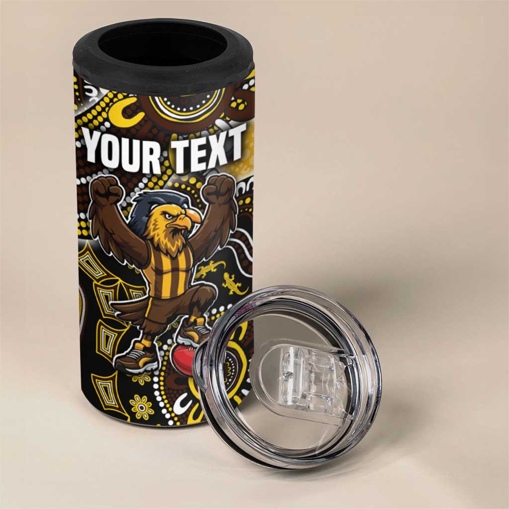 Personalized Hawks Football Mascot 4 in 1 Can Cooler Tumbler Aboriginal Dot Art Style Vibrant Indigenous Pattern Design