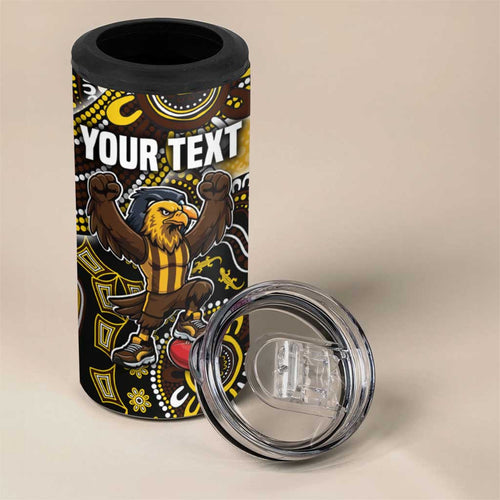 Personalized Hawks Football Mascot 4 in 1 Can Cooler Tumbler Aboriginal Dot Art Style Vibrant Indigenous Pattern Design