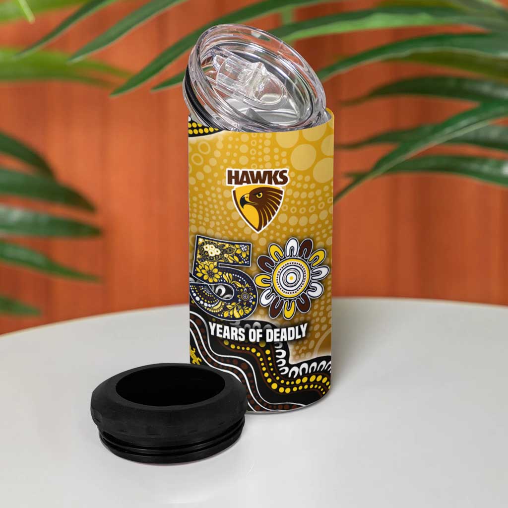 Personalized Hawks Football Mascot 4 in 1 Can Cooler Tumbler Aboriginal Dot Art Style Vibrant Indigenous Pattern Design