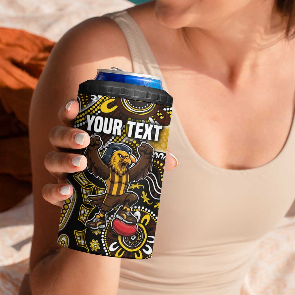 Personalized Hawks Football Mascot 4 in 1 Can Cooler Tumbler Aboriginal Dot Art Style Vibrant Indigenous Pattern Design