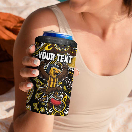 Personalized Hawks Football Mascot 4 in 1 Can Cooler Tumbler Aboriginal Dot Art Style Vibrant Indigenous Pattern Design