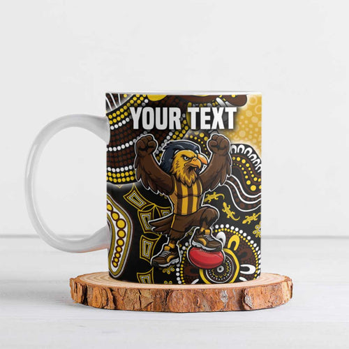 Personalized Hawks Football Mascot Ceramic Mug Aboriginal Dot Art Style Vibrant Indigenous Pattern Design