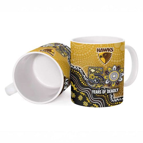 Personalized Hawks Football Mascot Ceramic Mug Aboriginal Dot Art Style Vibrant Indigenous Pattern Design