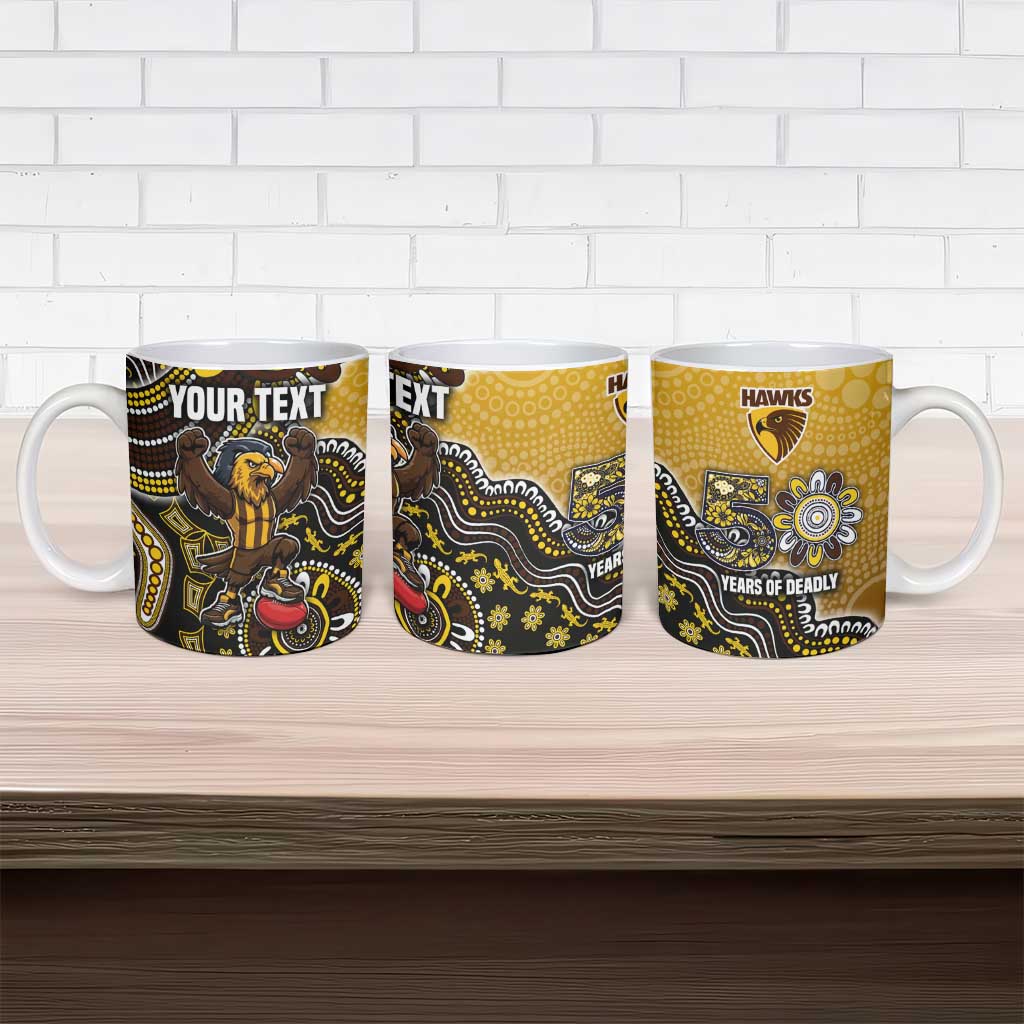 Personalized Hawks Football Mascot Ceramic Mug Aboriginal Dot Art Style Vibrant Indigenous Pattern Design