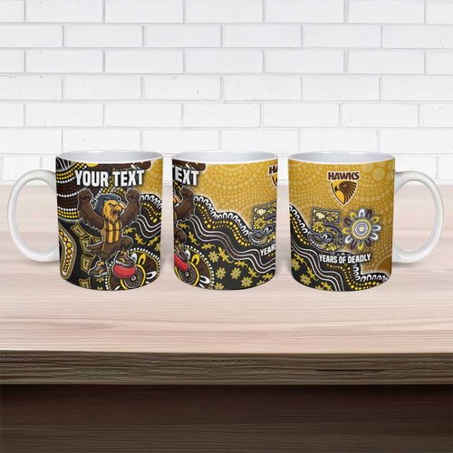 Personalized Hawks Football Mascot Ceramic Mug Aboriginal Dot Art Style Vibrant Indigenous Pattern Design