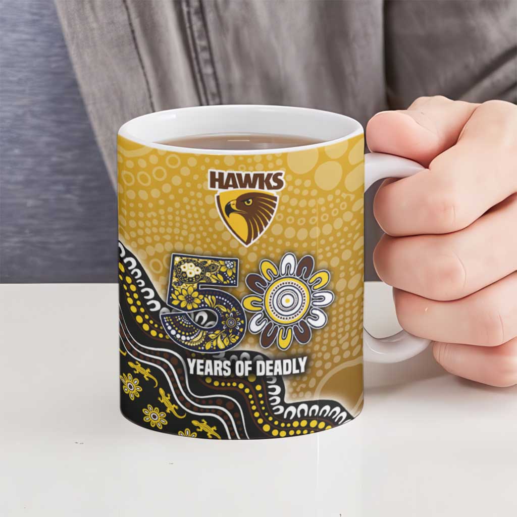 Personalized Hawks Football Mascot Ceramic Mug Aboriginal Dot Art Style Vibrant Indigenous Pattern Design