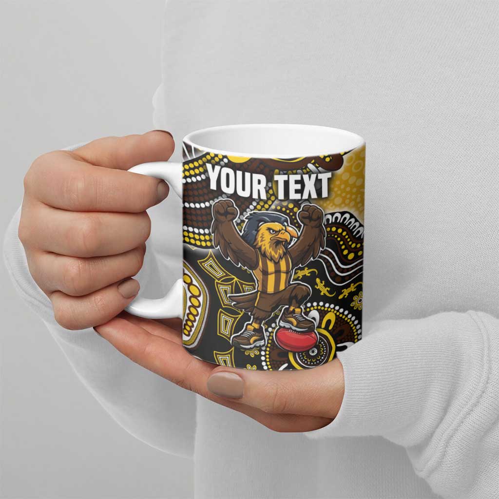 Personalized Hawks Football Mascot Ceramic Mug Aboriginal Dot Art Style Vibrant Indigenous Pattern Design