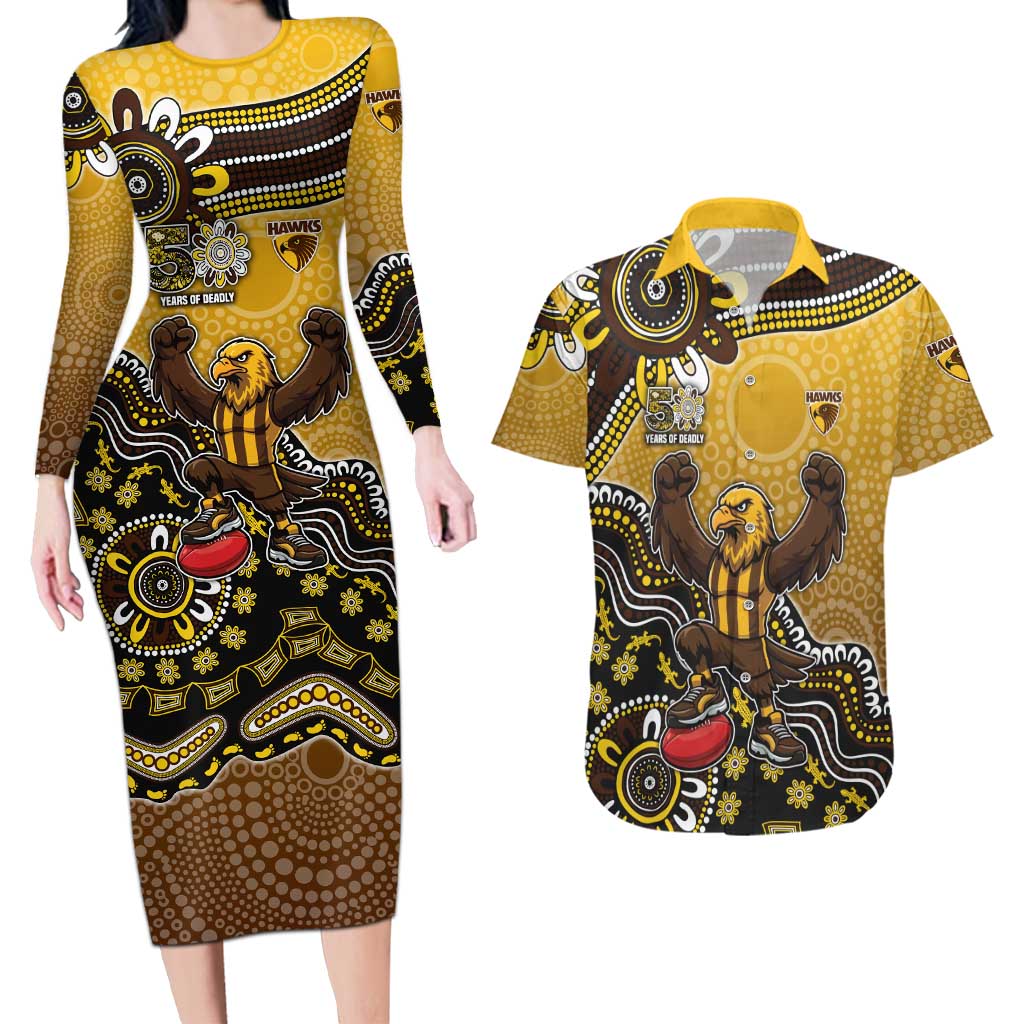 Personalized Hawks Football Mascot Couples Matching Long Sleeve Bodycon Dress and Hawaiian Shirt Aboriginal Dot Art Style Vibrant Indigenous Pattern Design
