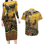 Personalized Hawks Football Mascot Couples Matching Long Sleeve Bodycon Dress and Hawaiian Shirt Aboriginal Dot Art Style Vibrant Indigenous Pattern Design
