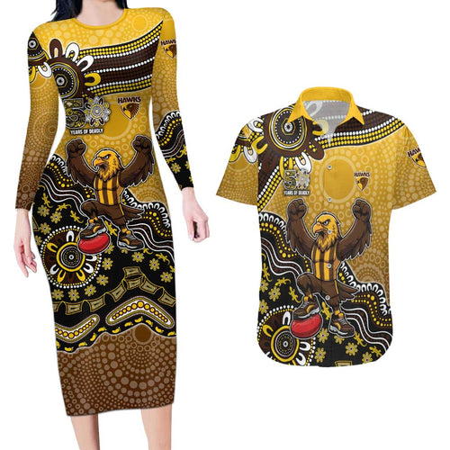 Personalized Hawks Football Mascot Couples Matching Long Sleeve Bodycon Dress and Hawaiian Shirt Aboriginal Dot Art Style Vibrant Indigenous Pattern Design
