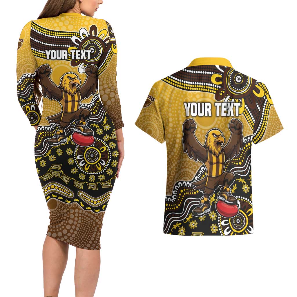 Personalized Hawks Football Mascot Couples Matching Long Sleeve Bodycon Dress and Hawaiian Shirt Aboriginal Dot Art Style Vibrant Indigenous Pattern Design