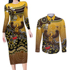 Personalized Hawks Football Mascot Couples Matching Long Sleeve Bodycon Dress and Long Sleeve Button Shirt Aboriginal Dot Art Style Vibrant Indigenous Pattern Design