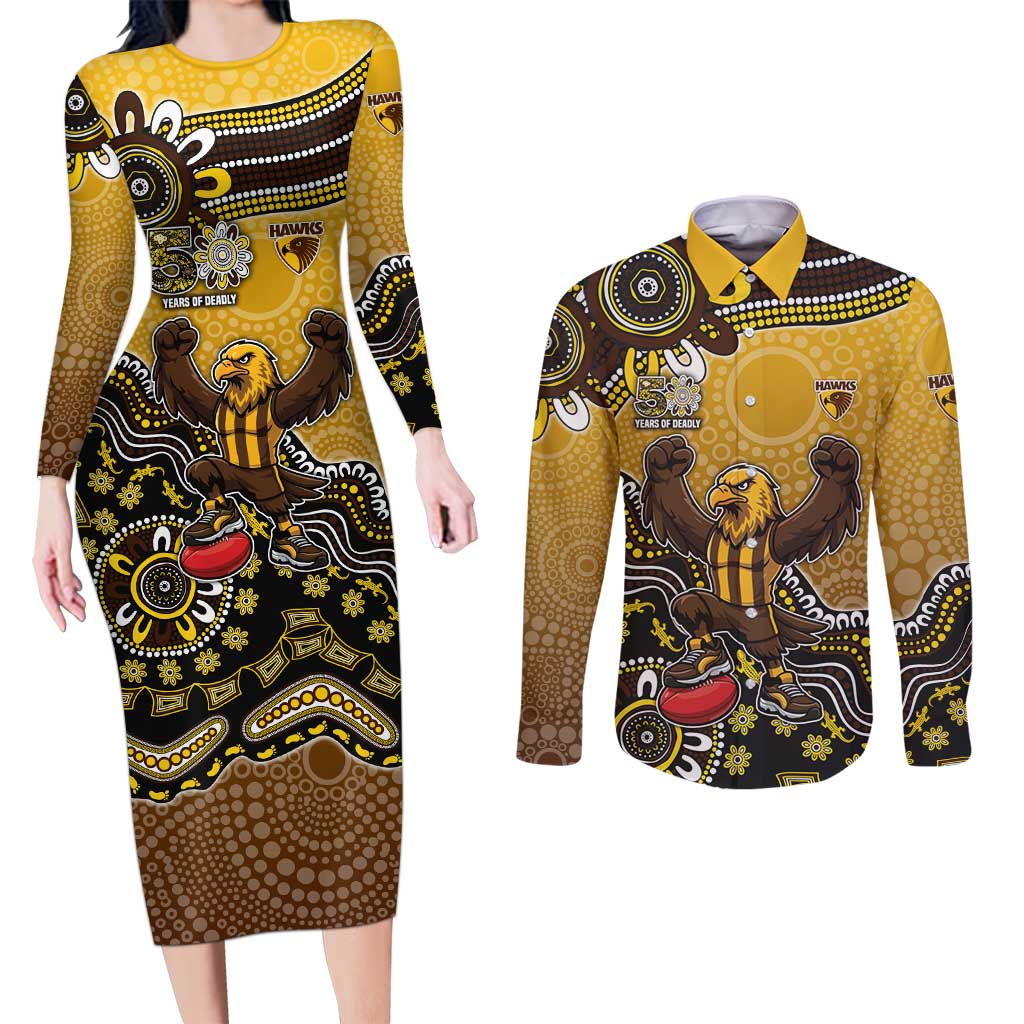 Personalized Hawks Football Mascot Couples Matching Long Sleeve Bodycon Dress and Long Sleeve Button Shirt Aboriginal Dot Art Style Vibrant Indigenous Pattern Design
