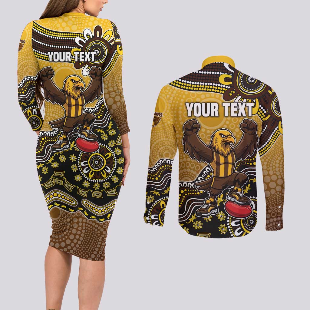 Personalized Hawks Football Mascot Couples Matching Long Sleeve Bodycon Dress and Long Sleeve Button Shirt Aboriginal Dot Art Style Vibrant Indigenous Pattern Design