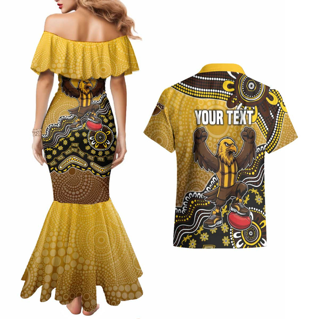 Personalized Hawks Football Mascot Couples Matching Mermaid Dress and Hawaiian Shirt Aboriginal Dot Art Style Vibrant Indigenous Pattern Design