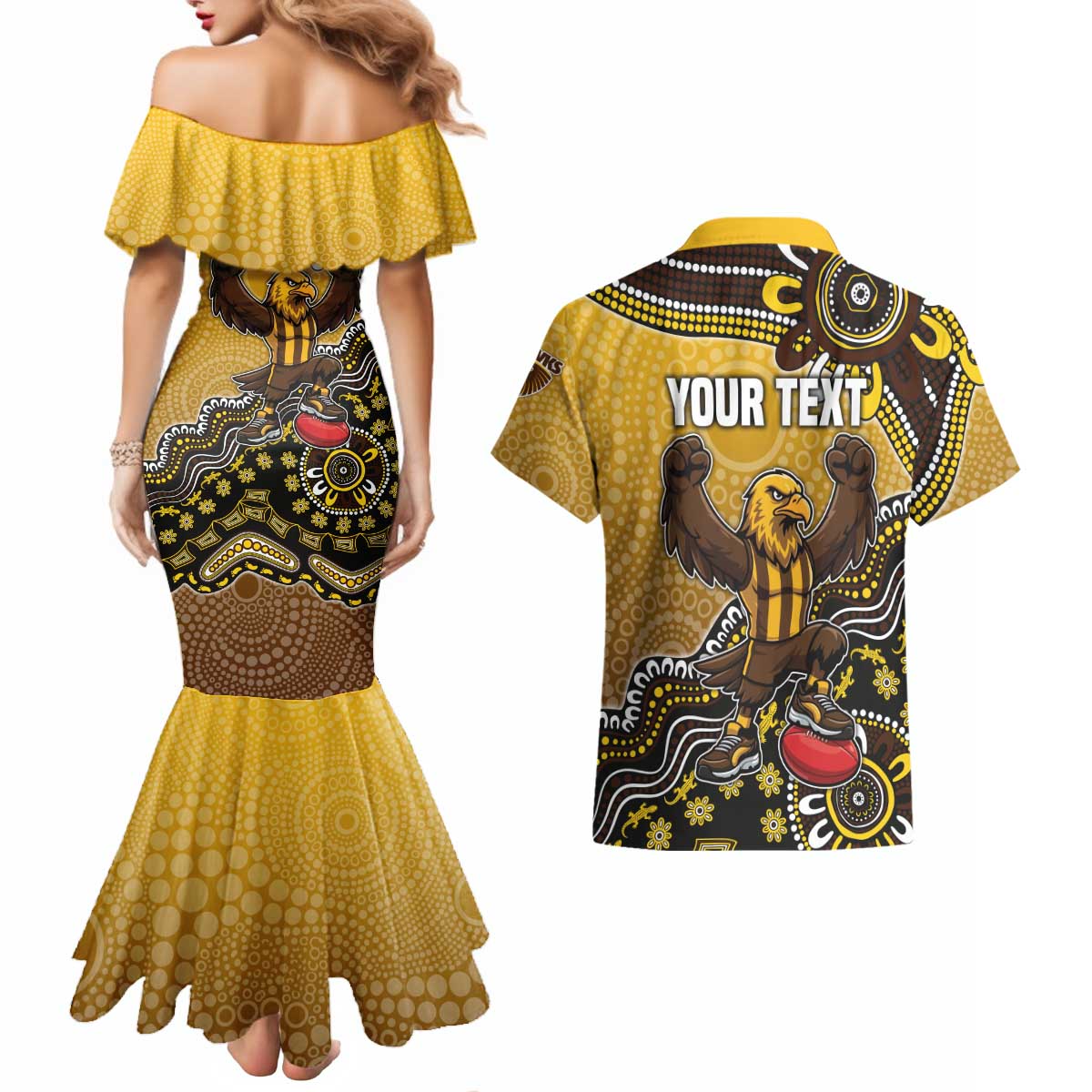 Personalized Hawks Football Mascot Couples Matching Mermaid Dress and Hawaiian Shirt Aboriginal Dot Art Style Vibrant Indigenous Pattern Design