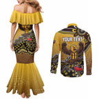 Personalized Hawks Football Mascot Couples Matching Mermaid Dress and Long Sleeve Button Shirt Aboriginal Dot Art Style Vibrant Indigenous Pattern Design