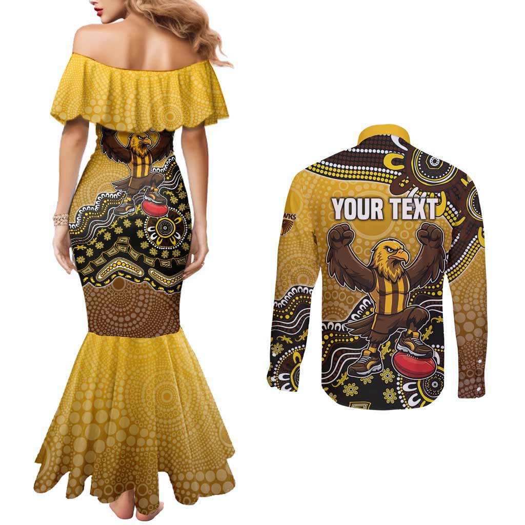 Personalized Hawks Football Mascot Couples Matching Mermaid Dress and Long Sleeve Button Shirt Aboriginal Dot Art Style Vibrant Indigenous Pattern Design