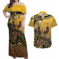 Personalized Hawks Football Mascot Couples Matching Off Shoulder Maxi Dress and Hawaiian Shirt Aboriginal Dot Art Style Vibrant Indigenous Pattern Design