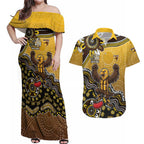 Personalized Hawks Football Mascot Couples Matching Off Shoulder Maxi Dress and Hawaiian Shirt Aboriginal Dot Art Style Vibrant Indigenous Pattern Design