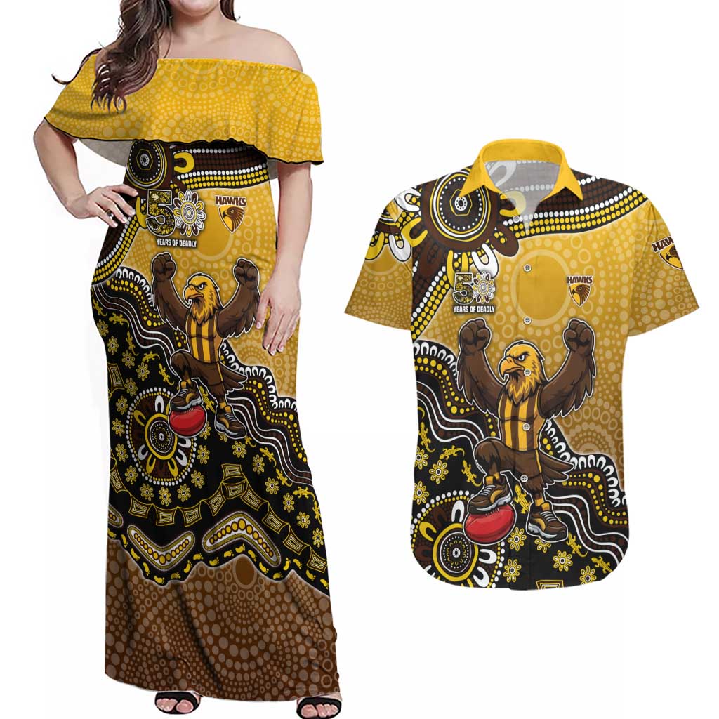 Personalized Hawks Football Mascot Couples Matching Off Shoulder Maxi Dress and Hawaiian Shirt Aboriginal Dot Art Style Vibrant Indigenous Pattern Design