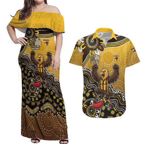 Personalized Hawks Football Mascot Couples Matching Off Shoulder Maxi Dress and Hawaiian Shirt Aboriginal Dot Art Style Vibrant Indigenous Pattern Design