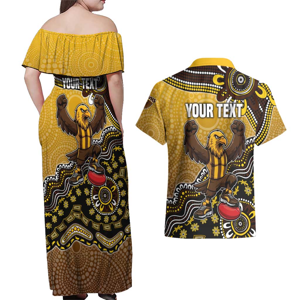 Personalized Hawks Football Mascot Couples Matching Off Shoulder Maxi Dress and Hawaiian Shirt Aboriginal Dot Art Style Vibrant Indigenous Pattern Design