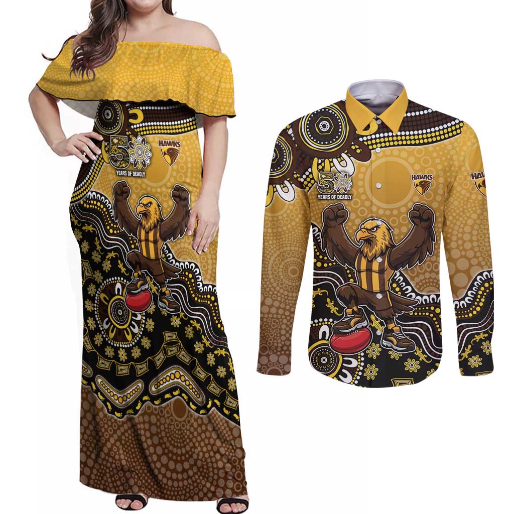 Personalized Hawks Football Mascot Couples Matching Off Shoulder Maxi Dress and Long Sleeve Button Shirt Aboriginal Dot Art Style Vibrant Indigenous Pattern Design