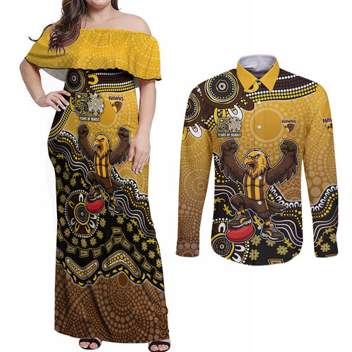 Personalized Hawks Football Mascot Couples Matching Off Shoulder Maxi Dress and Long Sleeve Button Shirt Aboriginal Dot Art Style Vibrant Indigenous Pattern Design