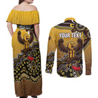 Personalized Hawks Football Mascot Couples Matching Off Shoulder Maxi Dress and Long Sleeve Button Shirt Aboriginal Dot Art Style Vibrant Indigenous Pattern Design