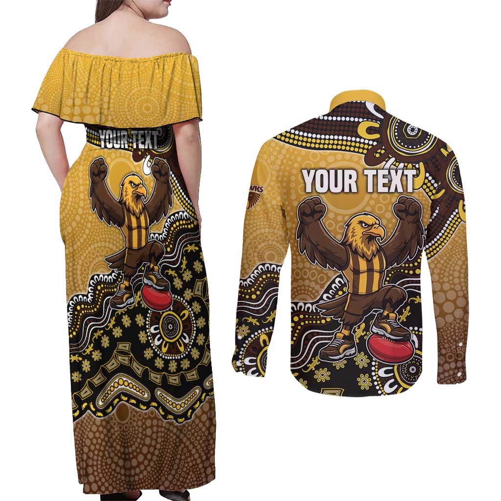 Personalized Hawks Football Mascot Couples Matching Off Shoulder Maxi Dress and Long Sleeve Button Shirt Aboriginal Dot Art Style Vibrant Indigenous Pattern Design