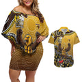 Personalized Hawks Football Mascot Couples Matching Off Shoulder Short Dress and Hawaiian Shirt Aboriginal Dot Art Style Vibrant Indigenous Pattern Design