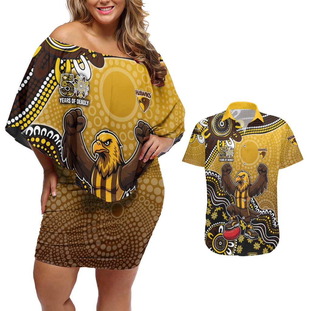 Personalized Hawks Football Mascot Couples Matching Off Shoulder Short Dress and Hawaiian Shirt Aboriginal Dot Art Style Vibrant Indigenous Pattern Design