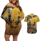 Personalized Hawks Football Mascot Couples Matching Off Shoulder Short Dress and Hawaiian Shirt Aboriginal Dot Art Style Vibrant Indigenous Pattern Design