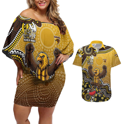 Personalized Hawks Football Mascot Couples Matching Off Shoulder Short Dress and Hawaiian Shirt Aboriginal Dot Art Style Vibrant Indigenous Pattern Design