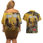 Personalized Hawks Football Mascot Couples Matching Off Shoulder Short Dress and Hawaiian Shirt Aboriginal Dot Art Style Vibrant Indigenous Pattern Design