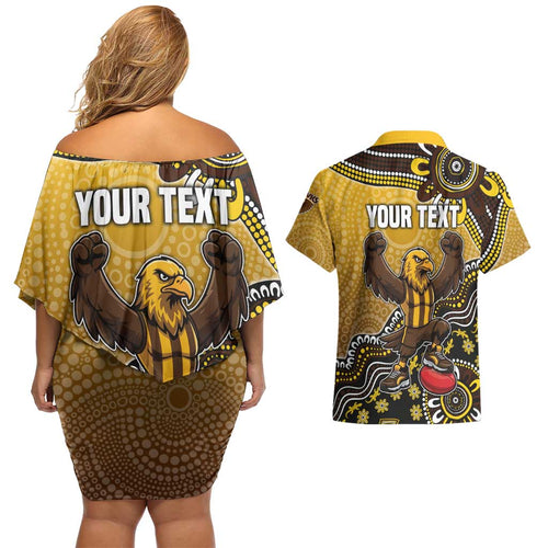 Personalized Hawks Football Mascot Couples Matching Off Shoulder Short Dress and Hawaiian Shirt Aboriginal Dot Art Style Vibrant Indigenous Pattern Design