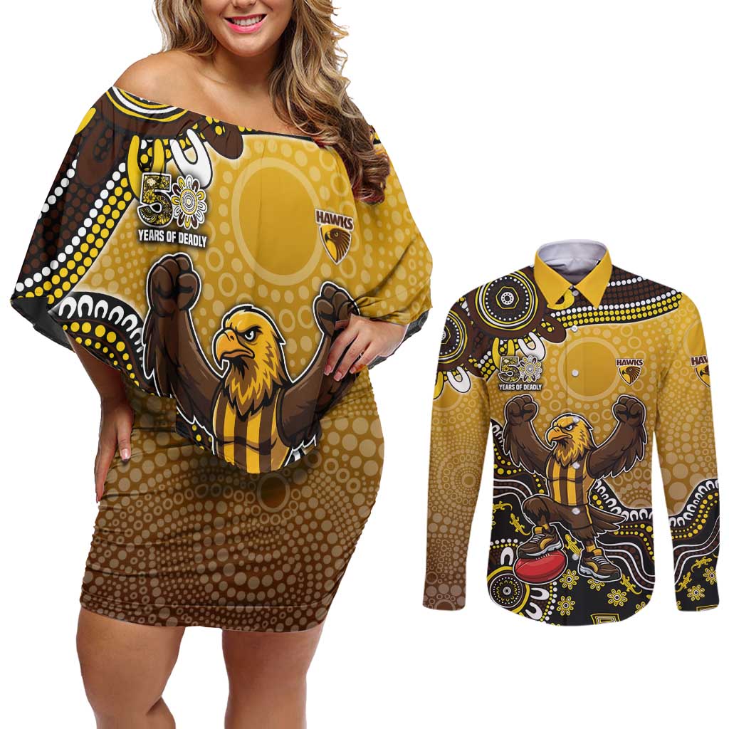 Personalized Hawks Football Mascot Couples Matching Off Shoulder Short Dress and Long Sleeve Button Shirt Aboriginal Dot Art Style Vibrant Indigenous Pattern Design