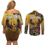 Personalized Hawks Football Mascot Couples Matching Off Shoulder Short Dress and Long Sleeve Button Shirt Aboriginal Dot Art Style Vibrant Indigenous Pattern Design