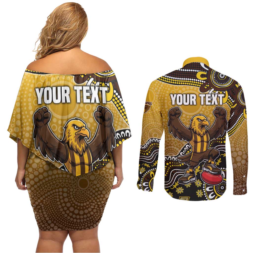 Personalized Hawks Football Mascot Couples Matching Off Shoulder Short Dress and Long Sleeve Button Shirt Aboriginal Dot Art Style Vibrant Indigenous Pattern Design