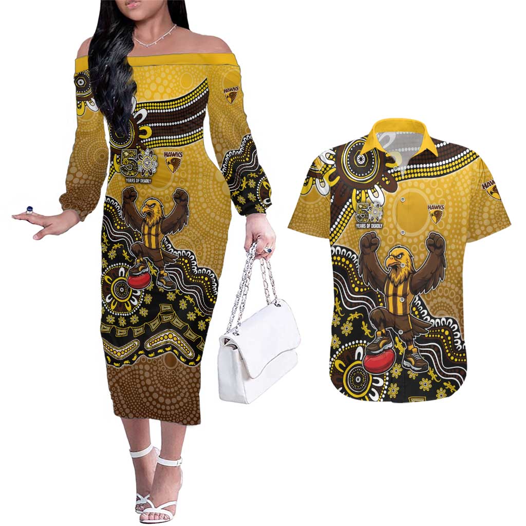 Personalized Hawks Football Mascot Couples Matching Off The Shoulder Long Sleeve Dress and Hawaiian Shirt Aboriginal Dot Art Style Vibrant Indigenous Pattern Design