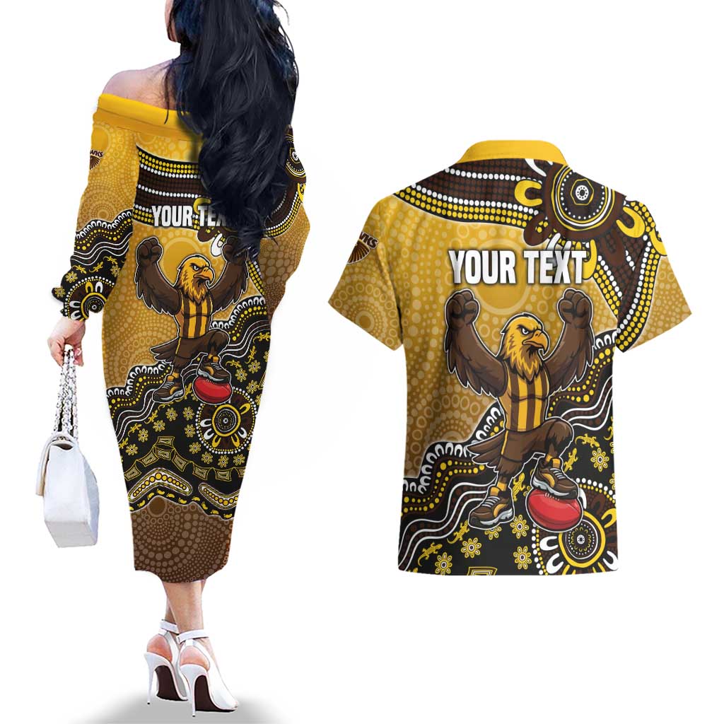 Personalized Hawks Football Mascot Couples Matching Off The Shoulder Long Sleeve Dress and Hawaiian Shirt Aboriginal Dot Art Style Vibrant Indigenous Pattern Design