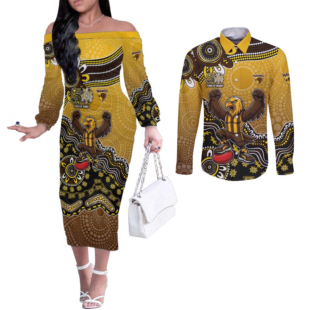 Personalized Hawks Football Mascot Couples Matching Off The Shoulder Long Sleeve Dress and Long Sleeve Button Shirt Aboriginal Dot Art Style Vibrant Indigenous Pattern Design