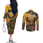 Personalized Hawks Football Mascot Couples Matching Off The Shoulder Long Sleeve Dress and Long Sleeve Button Shirt Aboriginal Dot Art Style Vibrant Indigenous Pattern Design