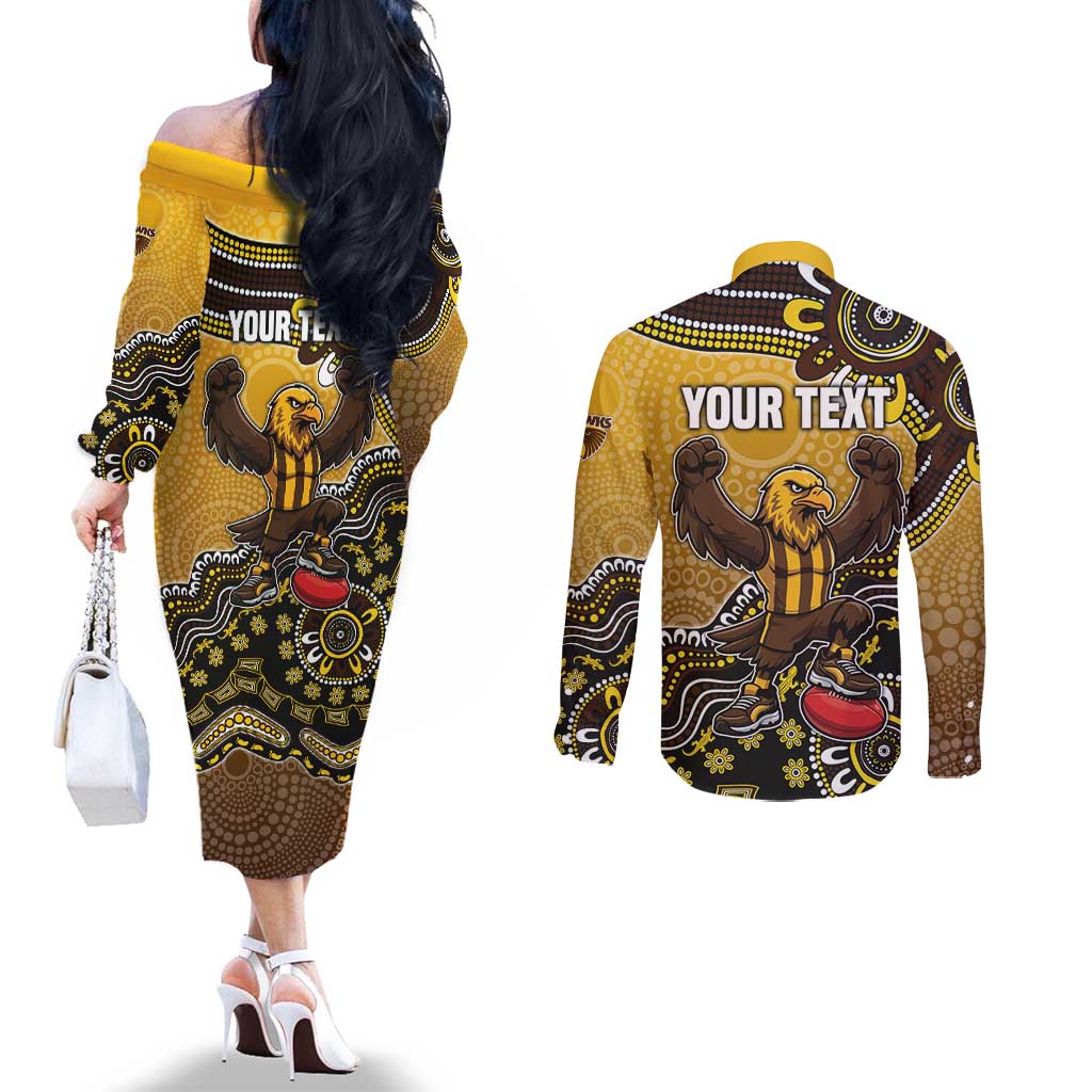 Personalized Hawks Football Mascot Couples Matching Off The Shoulder Long Sleeve Dress and Long Sleeve Button Shirt Aboriginal Dot Art Style Vibrant Indigenous Pattern Design