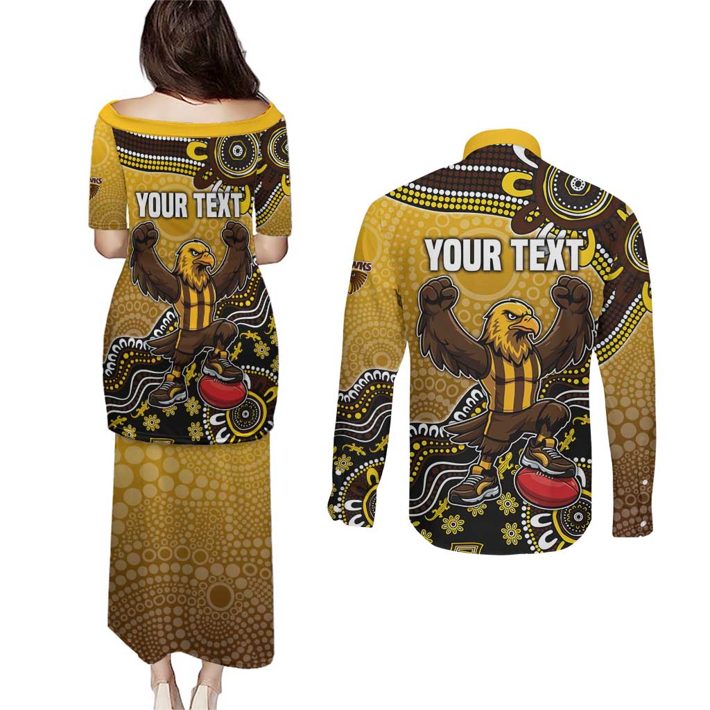 Personalized Hawks Football Mascot Couples Matching Puletasi and Long Sleeve Button Shirt Aboriginal Dot Art Style Vibrant Indigenous Pattern Design